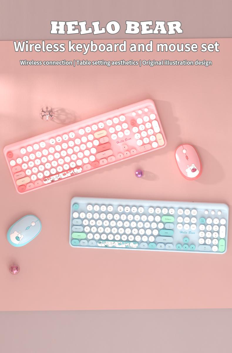 MOFii 1 Set Wireless Keyboard and Mouse Combo, Purple Cute Bear Round Keycaps, High-Appearance Office Keyboard Mouse for Girls, Universal for Laptop and Desktop, US Qwerty (Batteries Not Included)