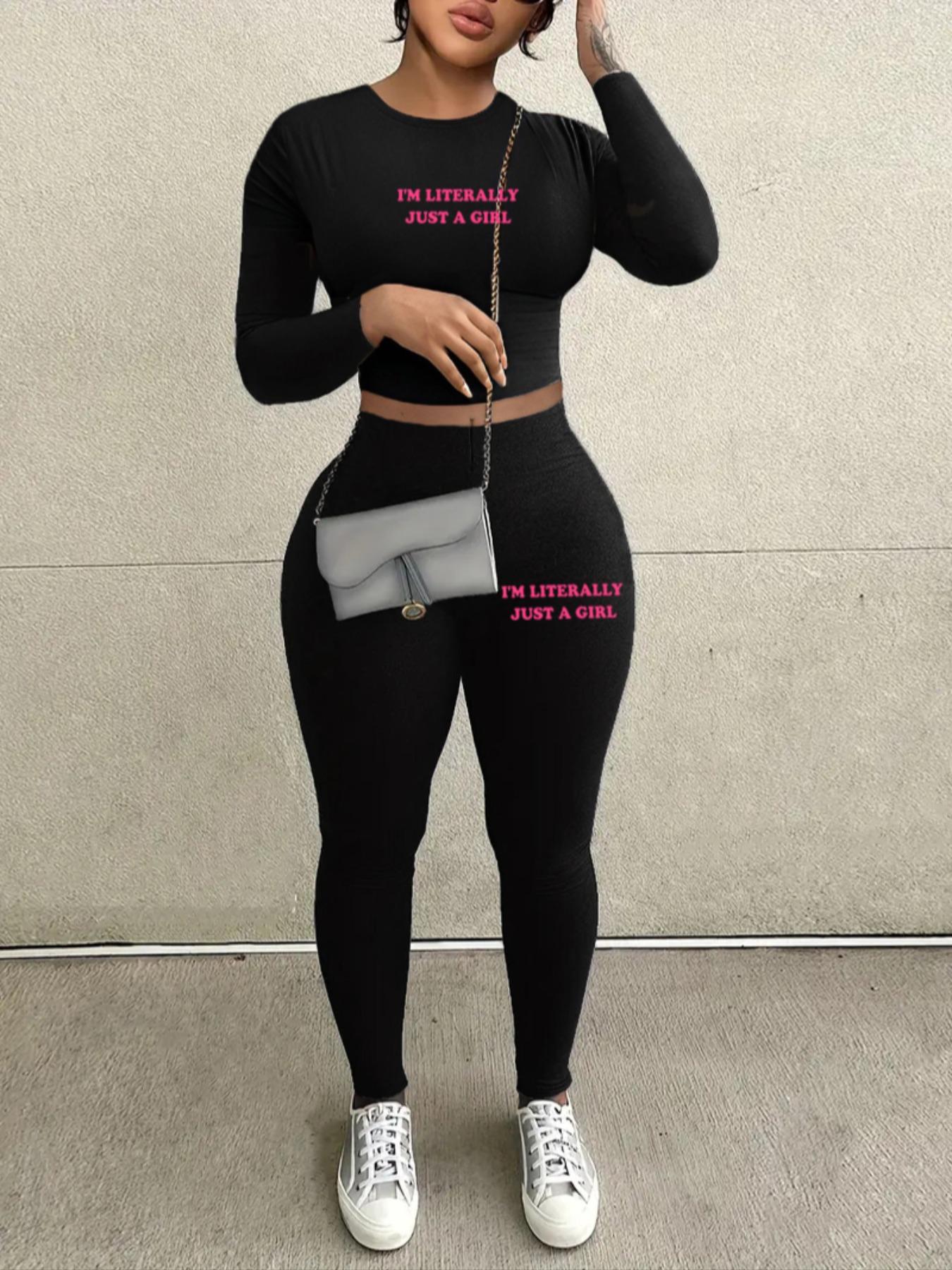 Women's Casual Long Sleeve Crop Top & Leggings Set, long johns, pantsuit, Plain Pattern, Fitted Design, Spring & Fall Fashion, Two-Piece Sportswear, Yoga Clothes Set