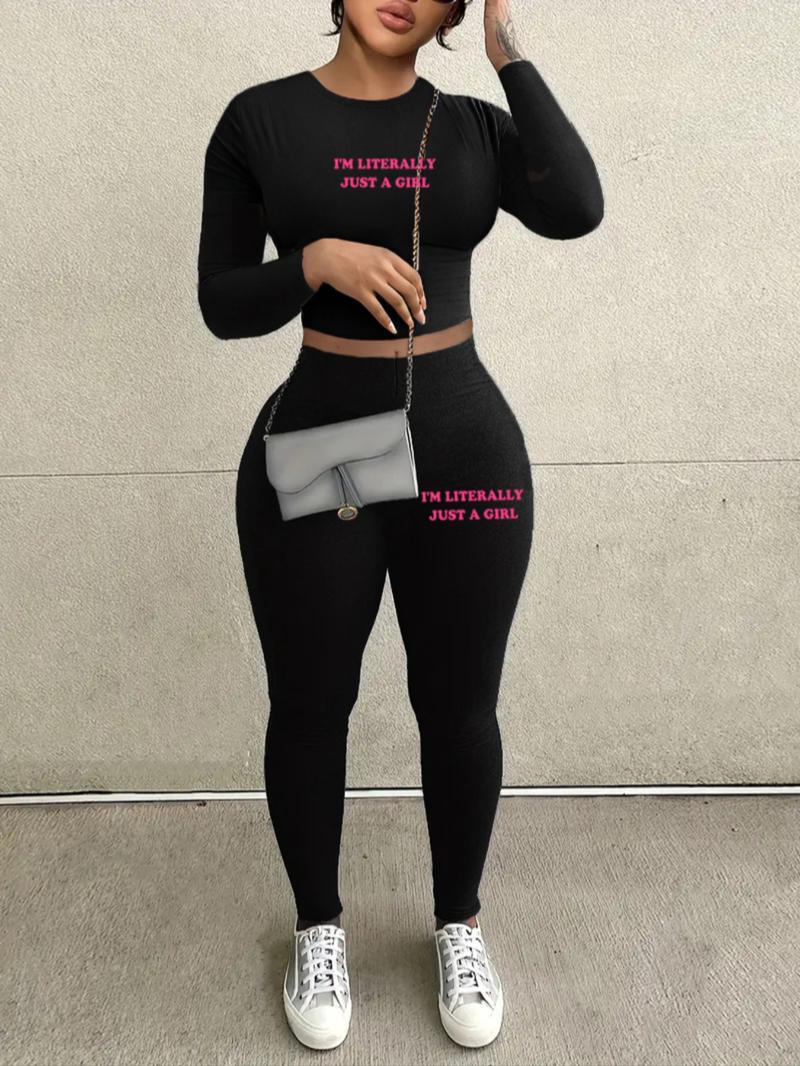 Women's Casual Long Sleeve Crop Top & Leggings Set, long johns, pantsuit, Plain Pattern, Fitted Design, Spring & Fall Fashion, Two-Piece Sportswear, Yoga Clothes Set