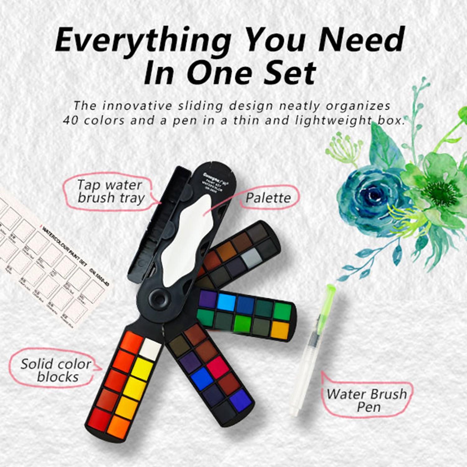 Guangna Watercolor Paint Set, Portable Foldable, Includes Brush & Palette, Ideal for Artists, Outdoor Sketching, 20/30/40 Colors