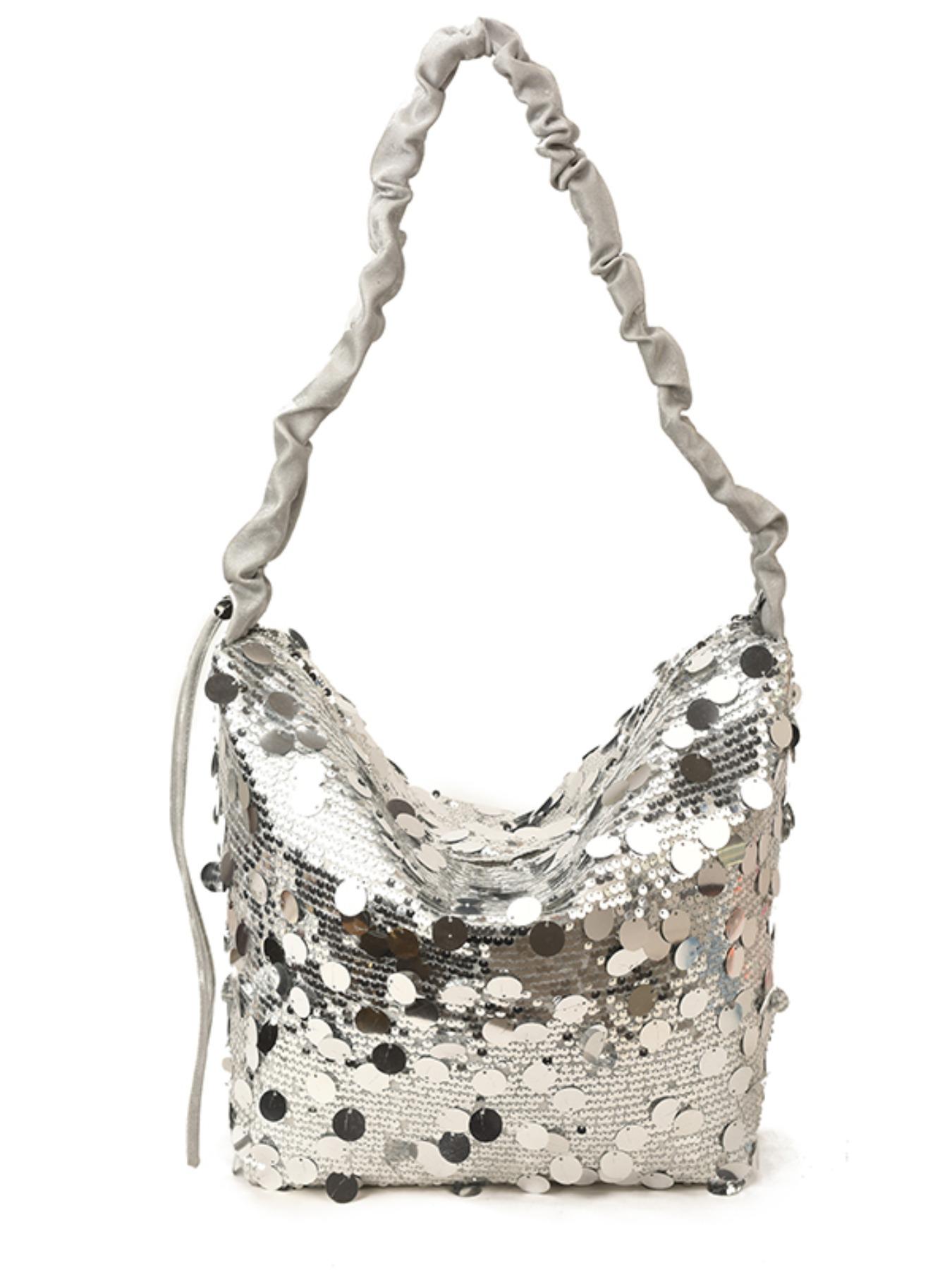 Luxury Sequined Handbag for Women, Silver Color, Large Capacity, Zip Closure, Party, Nightclub, Wedding, Concert