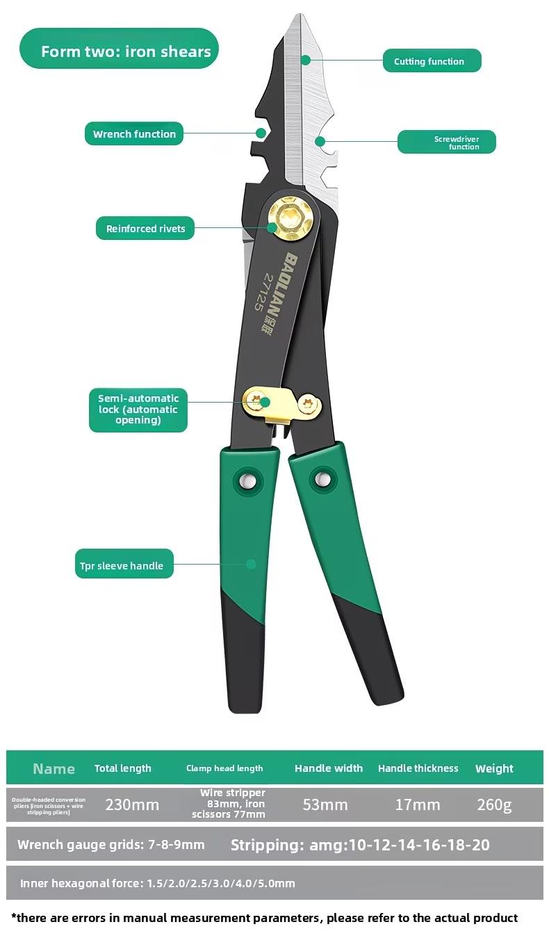 Dual-Head Multi-Function Scissors, High Hardness Deformable Flip Two-In-One Wire Stripping Tool, Quick Powerful Cutting Instrument