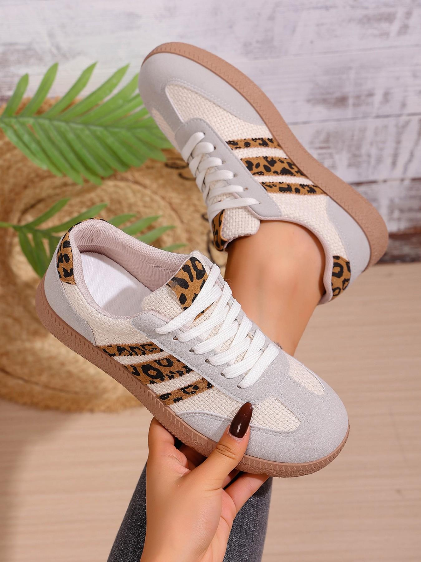 Leopard Print Patchwork Training Shoes, Vintage Three Stripe Casual Agony Shoes, Versatile Women's Footwear, Trendy and Comfortable