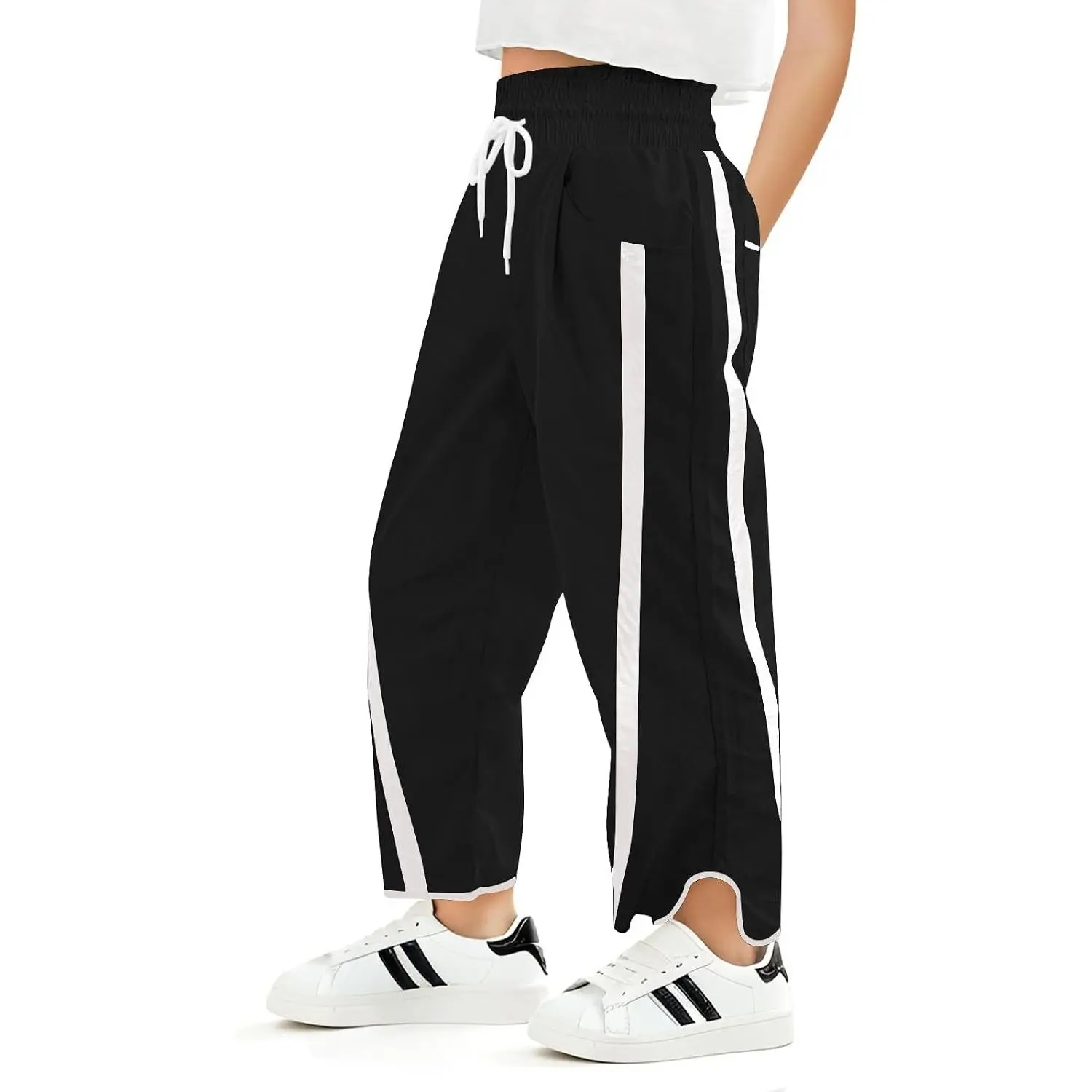 Girls Baggy Wide Leg Pants Kids Striped Elastic Waist Parachute Track Pants with Pockets 5-14 Years