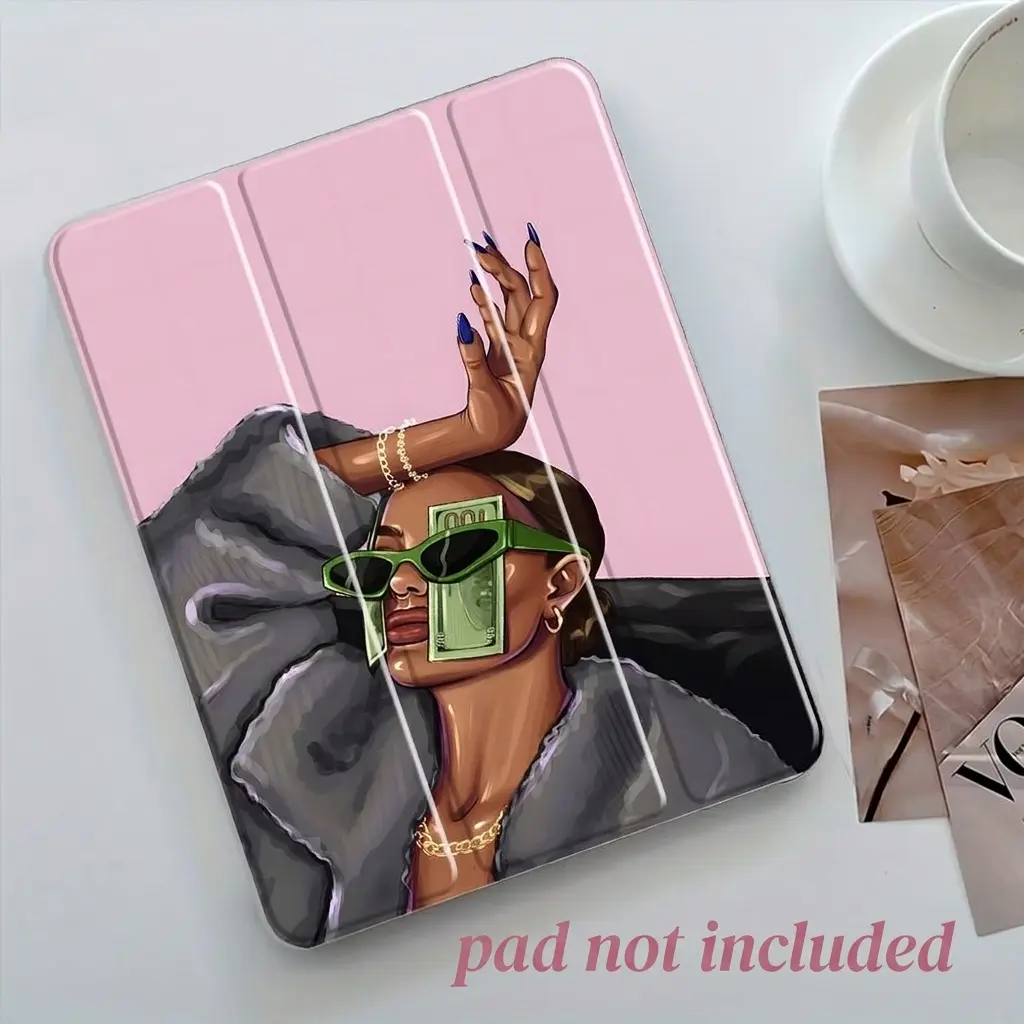 Money Girl Painting iPad Case, Tablet casing, Pink Aesthetic Protective Cover Auto Wake/sleep, Anti-Drop Scratch-Resistant, Transparent Acrylic Back, Fits iPad 7.9/8.3/10.2/10.5/10.9/11 inch, Shock-resistant Full Cover Ideal for Office, Tablet Accessories