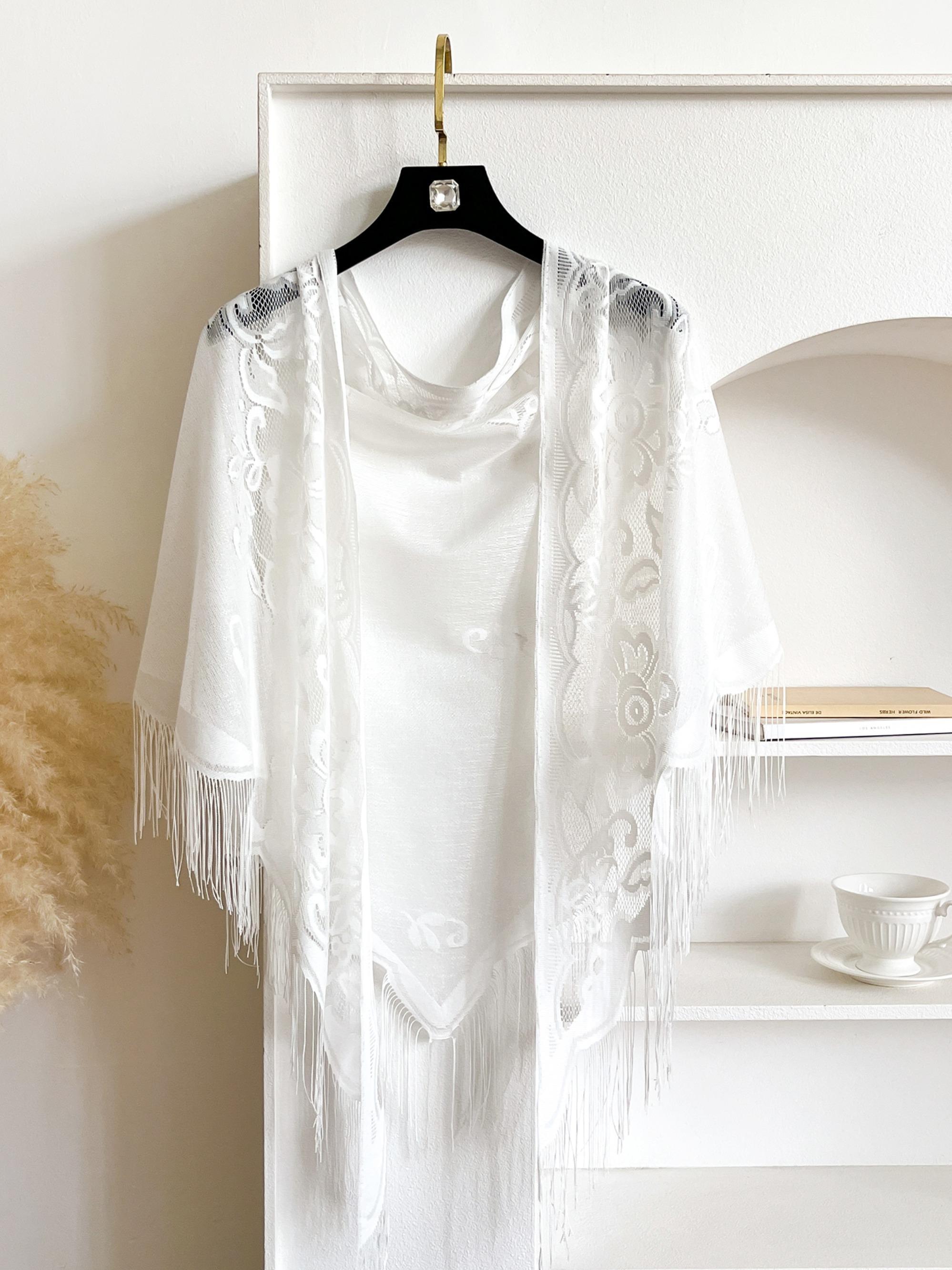 Women's Floral Lace Shawl Wrap, Elegant Sheer Scarf with Fringe Trim, Lightweight Casual Soft Accessory for Daily Wear, Casual Soft Shawl, Floral Print Shawl