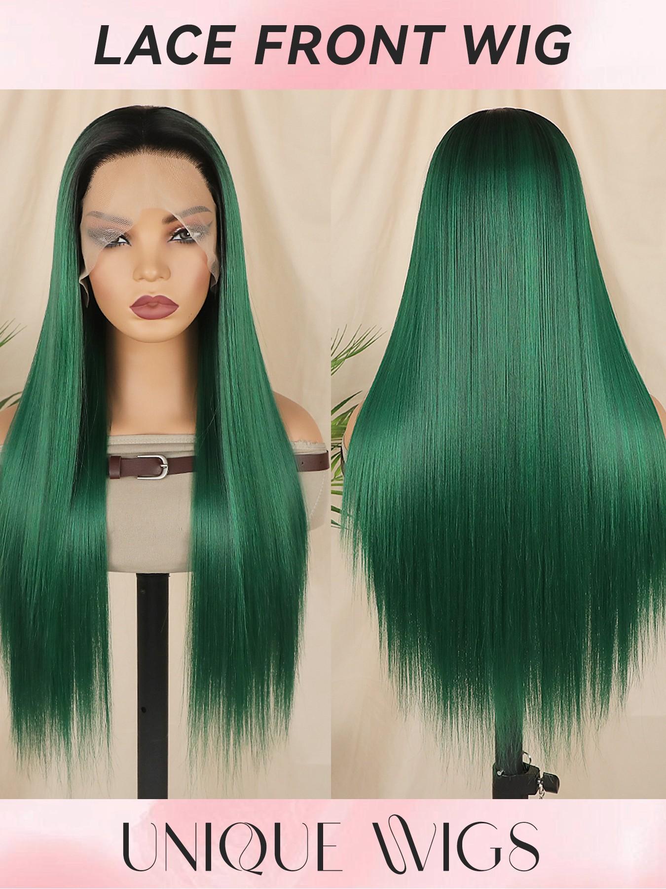 Dark Roots Ombre Long Straight Synthetic Wig, Heat Resistant, 28 Inch, 180% Density, Glueless, Pre-Plucked Hairline, Ready to Wear, Synthetic Hair Wigs