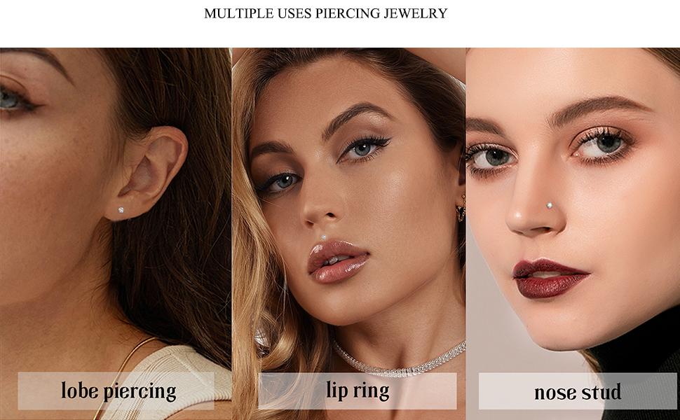 Hypoallergenic Jewelry 4-Pair 16G Stainless Steel CZ Accent Labret Studs - Body Piercing Jewelry for Lip, Nose, Tragus Cartilage, Casual Everyday Wear for Men, Women, Cz Accents