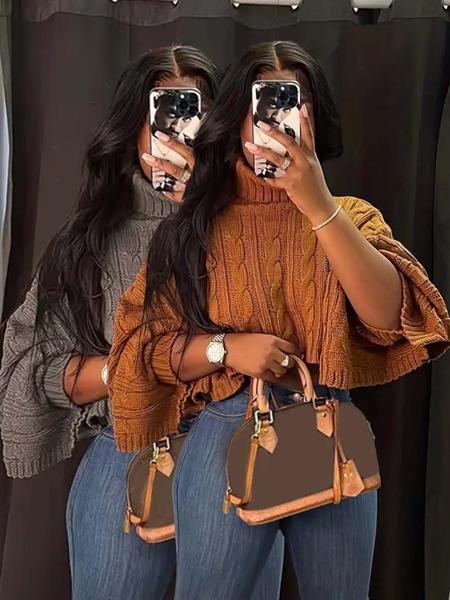 Women's Textured Split Sleeve Turtle Neck Cropped Sweater, Casual Solid Color High Neck Long Sleeve Jumper, Women's Knit Clothing for Daily Wear