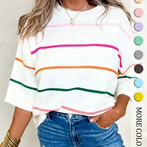 Women's Striped Print Sweater Tops Short Sleeve Round Neck Jumper for Daily Wear, Casual Loose Knit, Ladies Knitwear for Spring & Fall