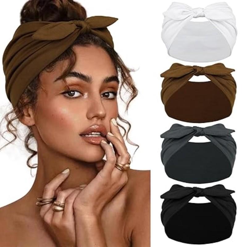 Women & Girls Bunny Ears Bow Hairbands Set of 4, Anti-Slip Soft Elastic Headband, African Style Thick Sports Gym Scarf, Hair Bows Headbands