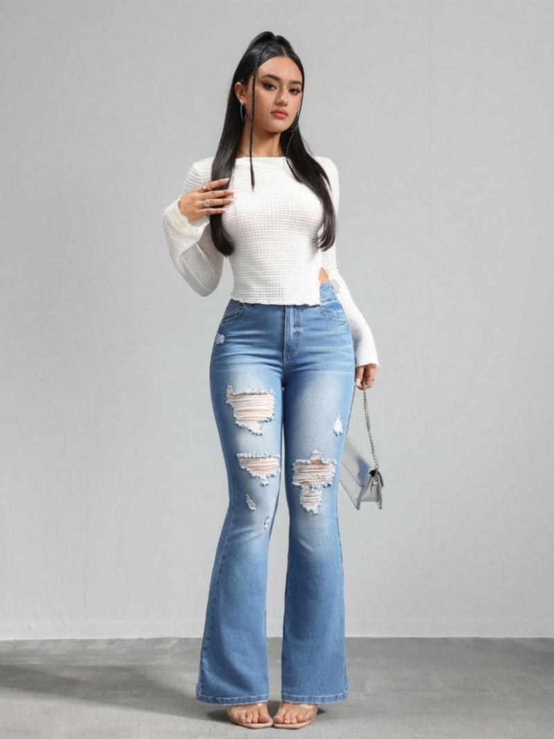 OBlue Jeans Women's Flare Leg Jeans, Casual Comfy High Waist Bell Bottom Trousers for Daily Wear, Ladies Bottoms for All Seasons, Pants
