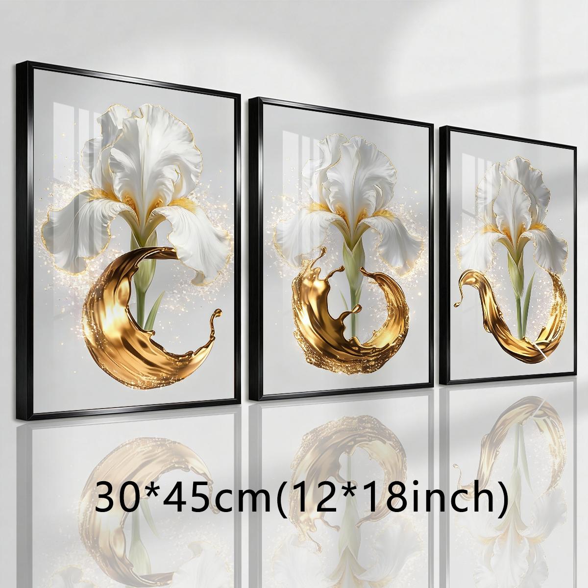 3 Counts Aluminum Alloy Framed Painting, Elegant White Iris And Golden Splash Art Pictures, Home Decoration For Living Room, Bedroom, Office, Restaurant, Hallway Wall Decor, Odorless Print Artwork, Luxury Perfect Gift For Friends And Family