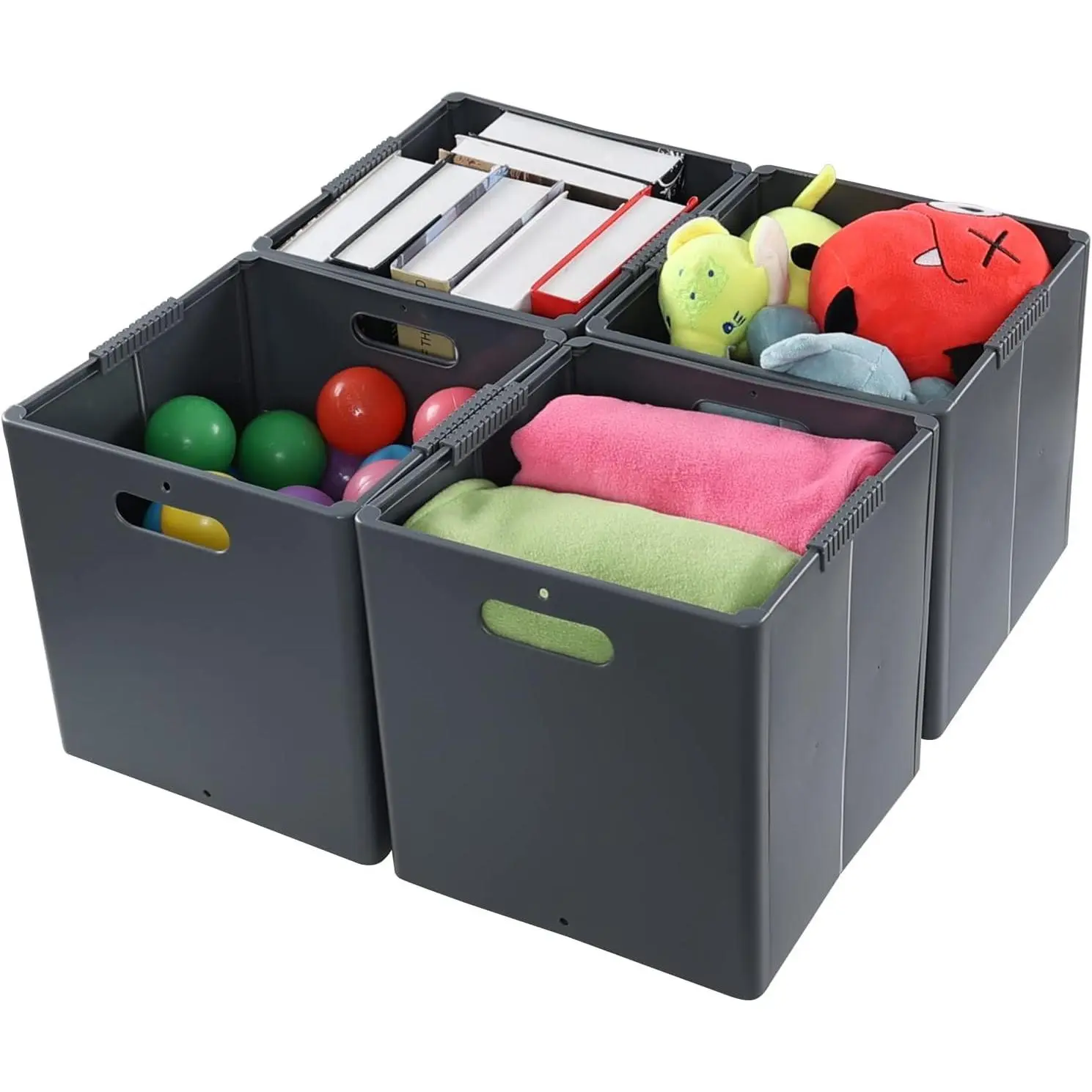 Plastic Storage Cubes Bin, Foldable Cubby Cubes with Handles, Pack of 4