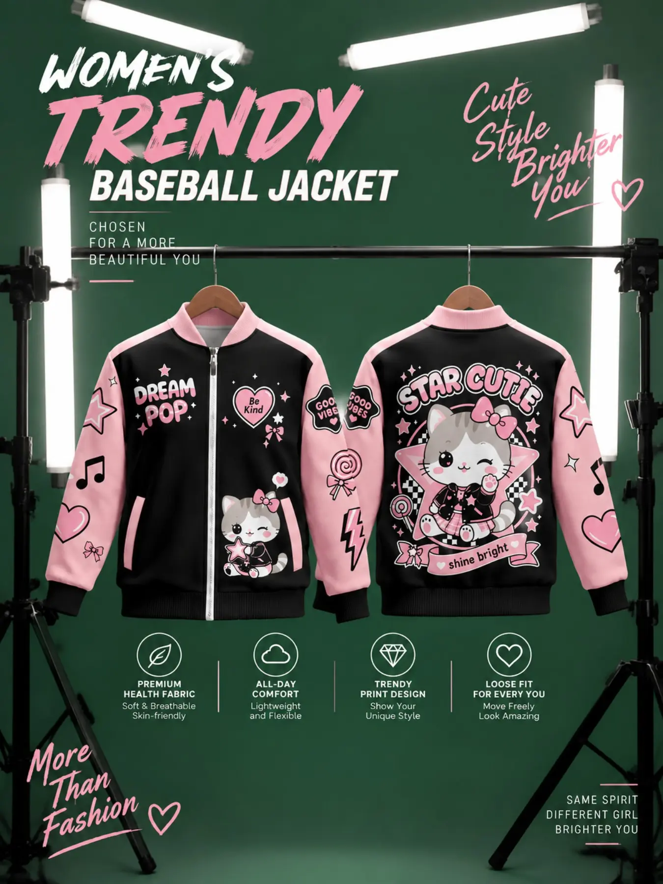 Women's Baby Anime Cat Pattern Zipper Baseball Jacket, Zip Up Jacket, Heart Print Windproof Jacket, Harajuku Casual Fall Winter Bomber Coat