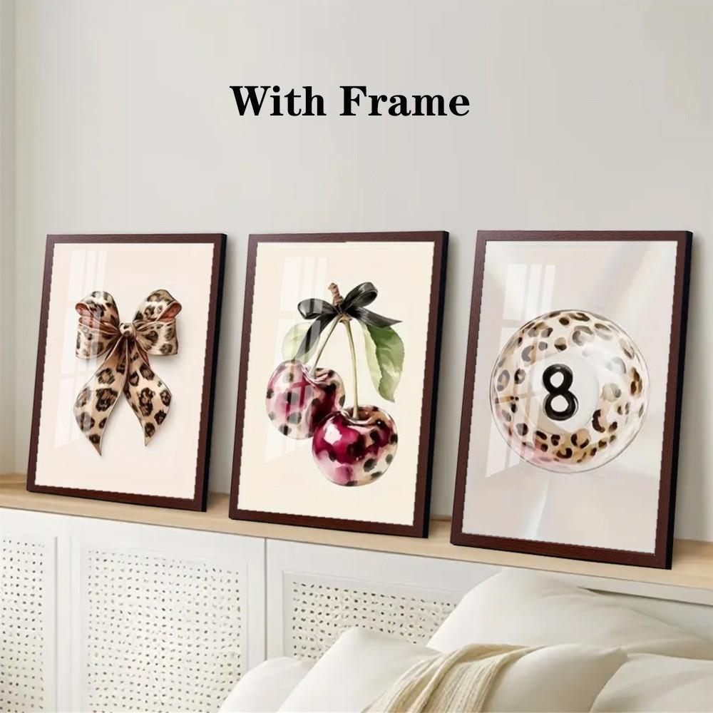3-Piece Optional Wooden Frame Teen Fashion Leopard Print Bow Cherry 8 Ball Poster High Precision Color Print Moisture-proof Flat Surface Anti-fade Clear Details Apartment Bedroom Living Room Decor