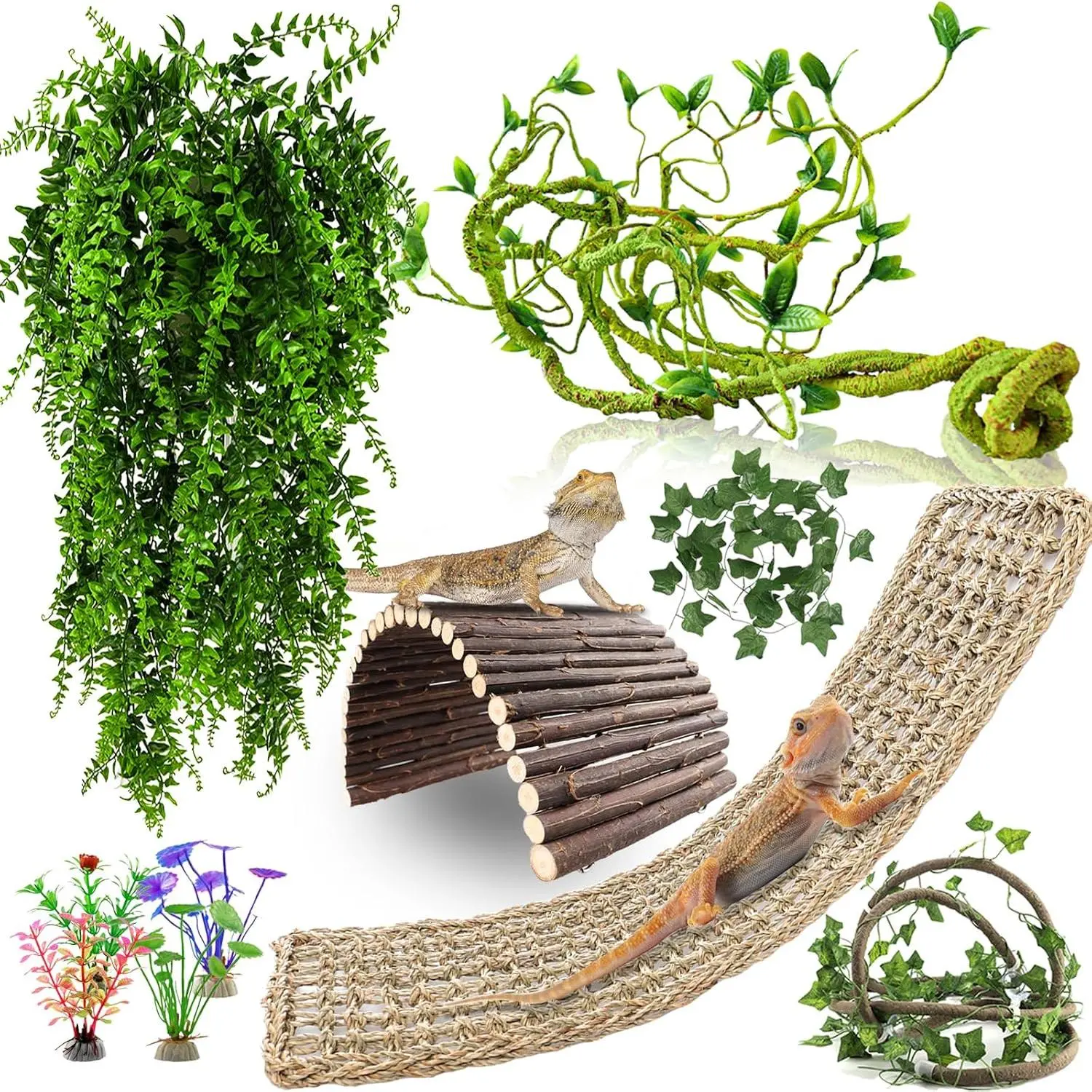 Bearded Dragon Tank Accessories, 10 PCS Reptile Hammock Plants Bridge Jungle Climber Vines for Snakes Bearded Dragon Chameleon Gecko Lizard