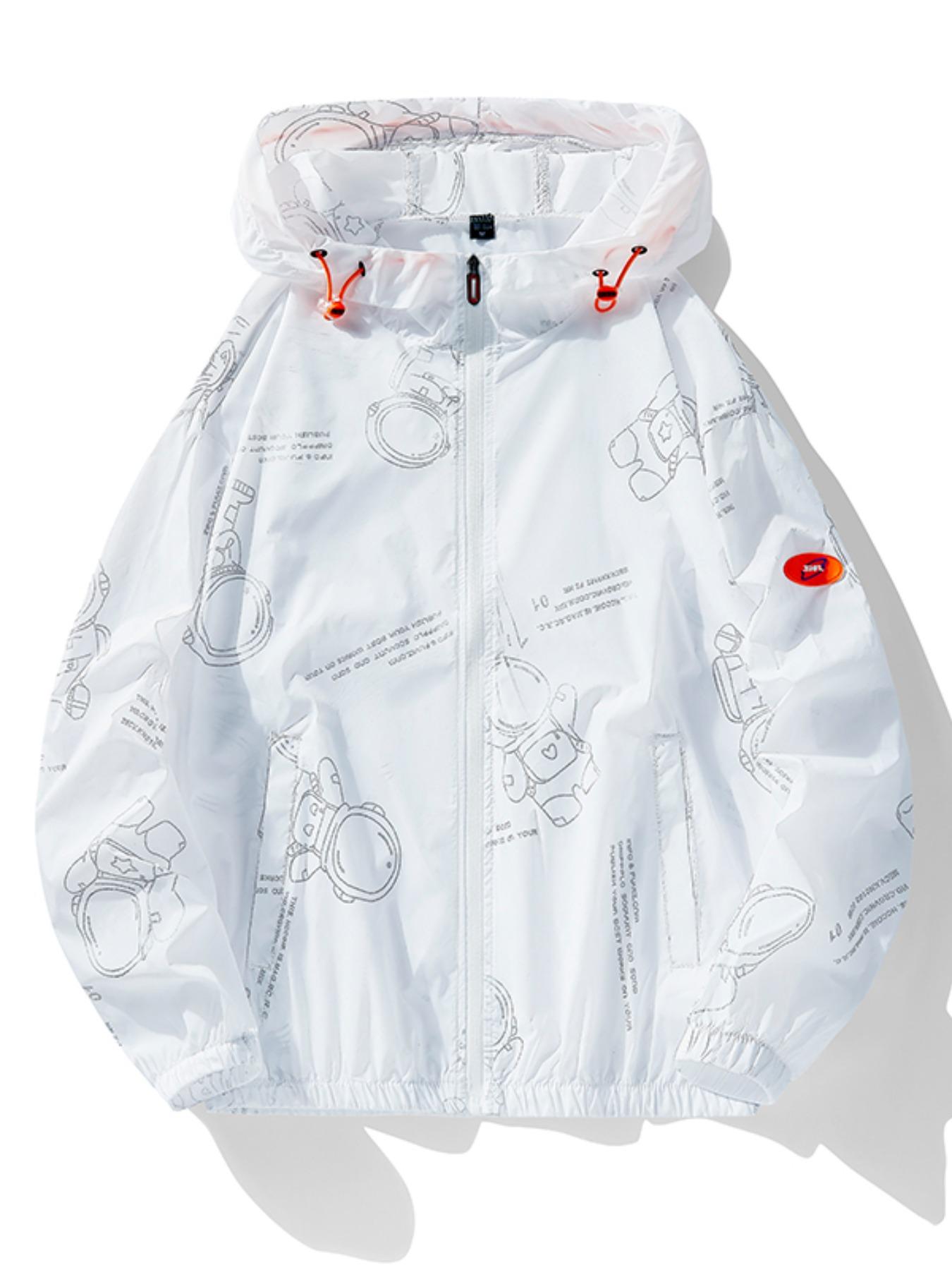Men's Astronaut Print Drawstring Zipper Hooded Jacket, Casual Regular Fit Patched Pocket Outerwear for Spring & Fall, Fall Outfits, Men's Clothing, Jackets for Men, Men's Clothing for Daily Wear