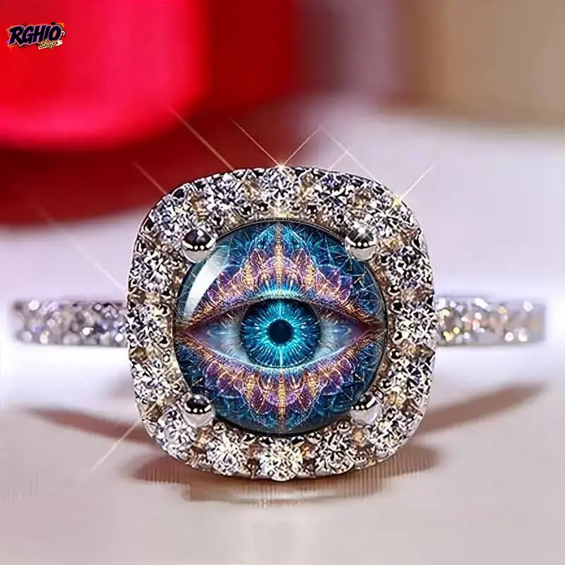 Unisex Abstract Eye Motif Dome Statement Ring - Adjustable Size Unique Jewelry with Rhinestone Band, Lightweight Fit Vintage-Inspired Mystical Party Ready Accessory for Daily Wear, Gifting