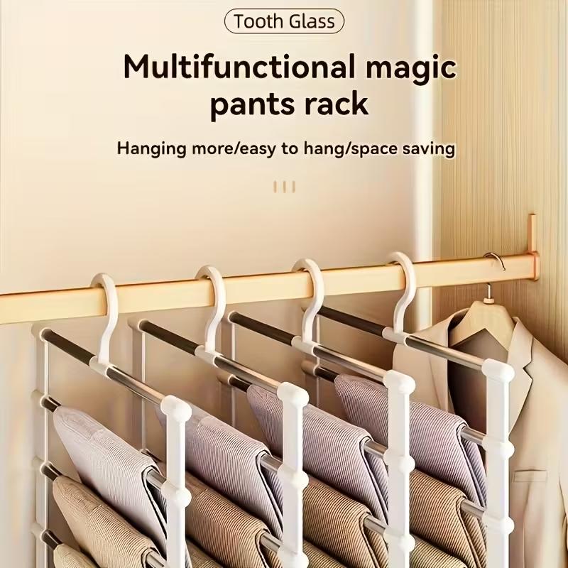 4pack Foldable Multi-Layer Pants Hanger, Stainless Steel Non-Slip Closet Organizer, Space Saving, Adjustable Shelves and Hooks, Durable Plastic Structure
