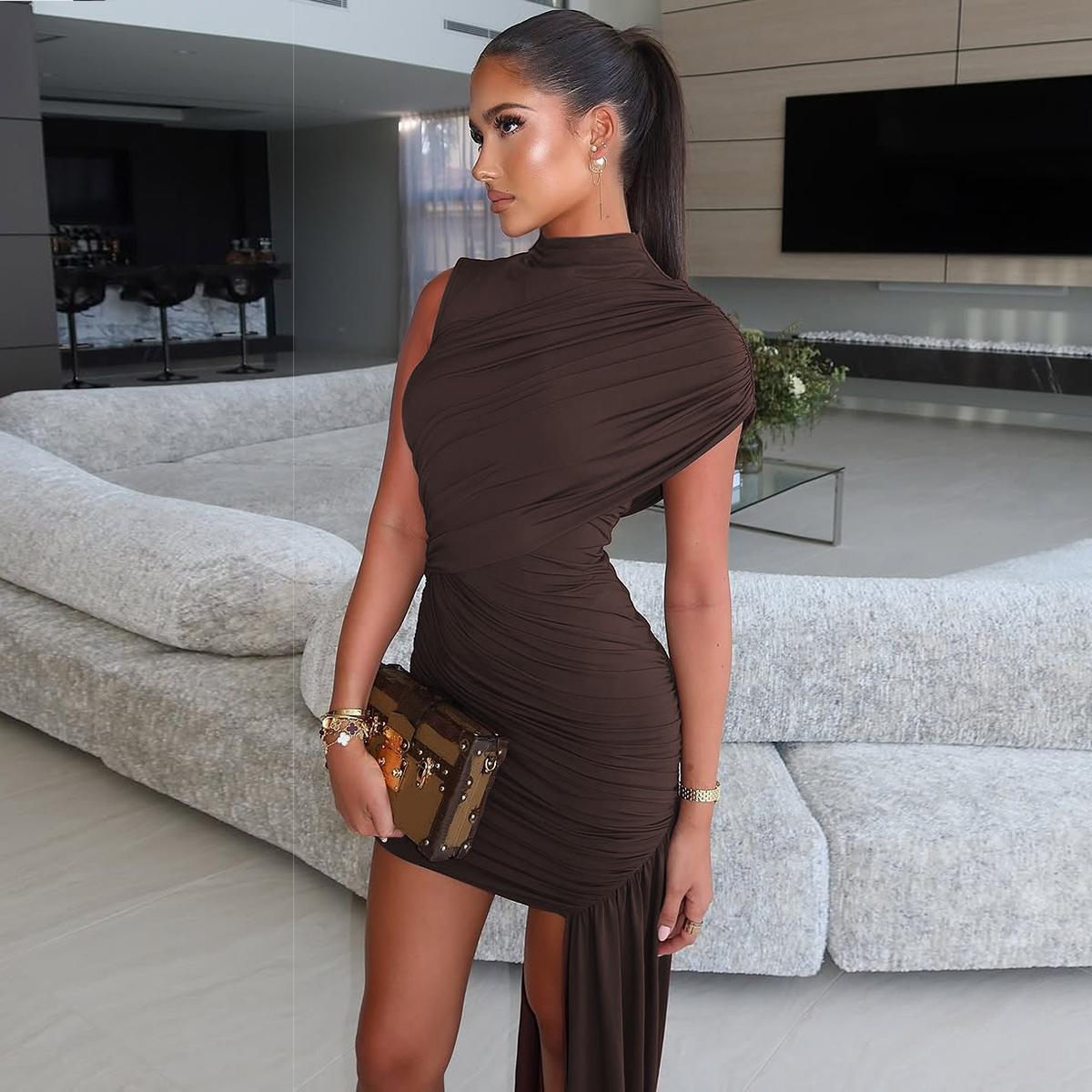 Women's Solid Color Ruched Asymmetrical Bodycon Dress, Elegant Mock-Neck Short Dress for Party Date Evening, Ladies Summer Clothes