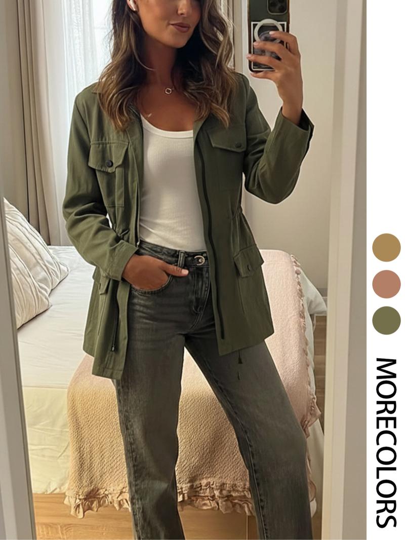 New Spring Autumn Women's Lapel Windbreaker, Slimming Utility Jacket, Casual Fashion Outerwear, Long Sleeve Coat for Ladies