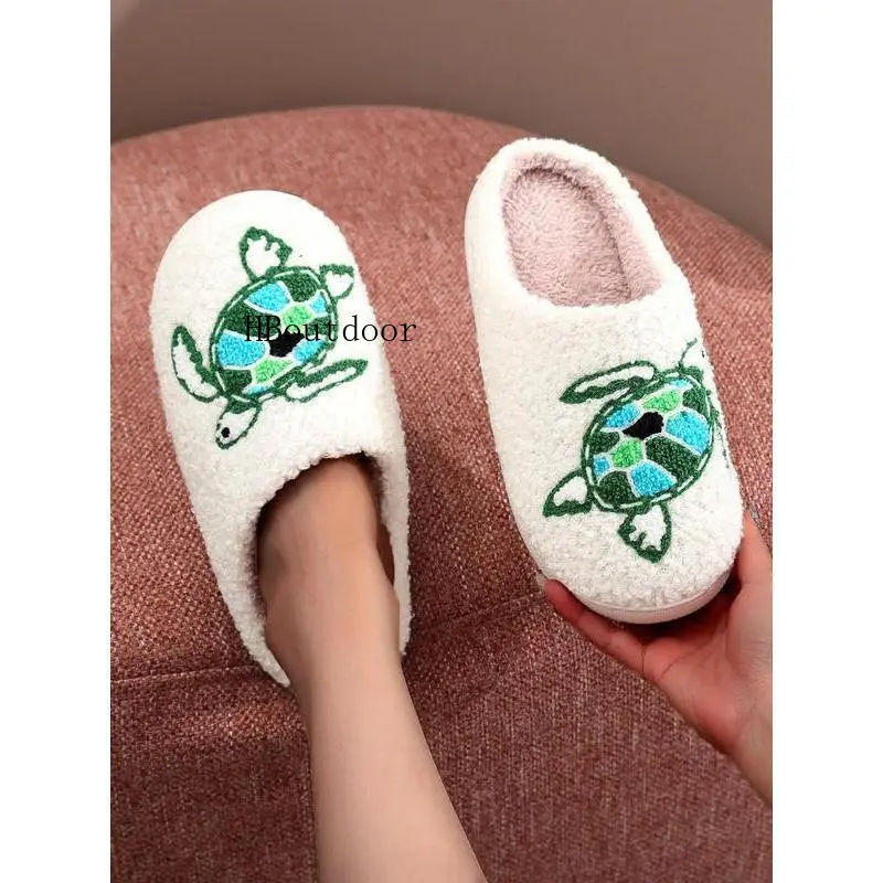 Women's All-Season PVC Plush Cartoon Turtle Pattern Slip-On Slippers - Synthetic Sole, No-Slip, Warm Casual Indoor Home Sports & Outdoor Footwear - sohochic