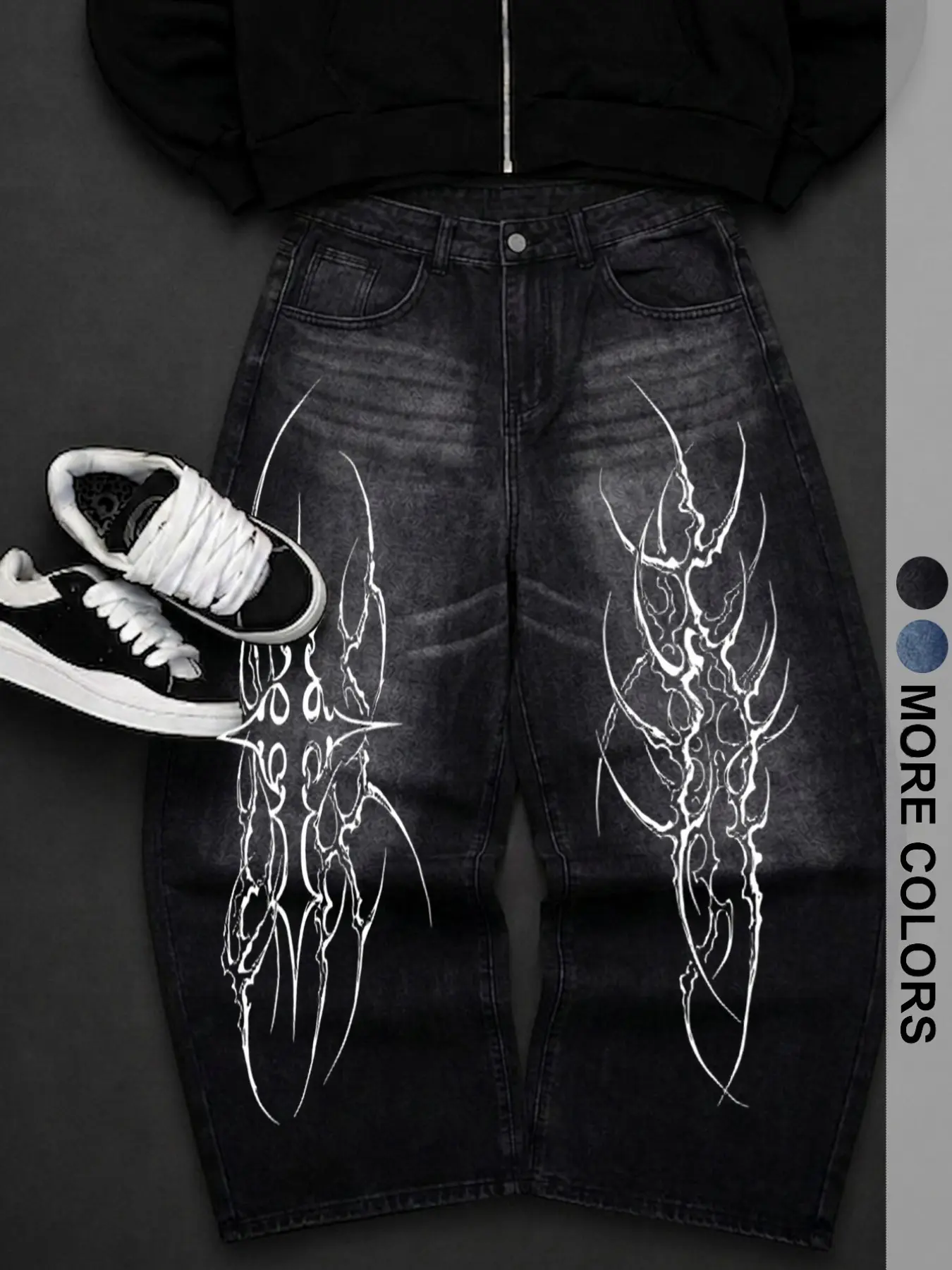 Men's Classic Washed Wide Leg Jeans, Dual Side Thorn Skull Print, American High Street Drop Hem Long Pants, Loose Fit, All Seasons