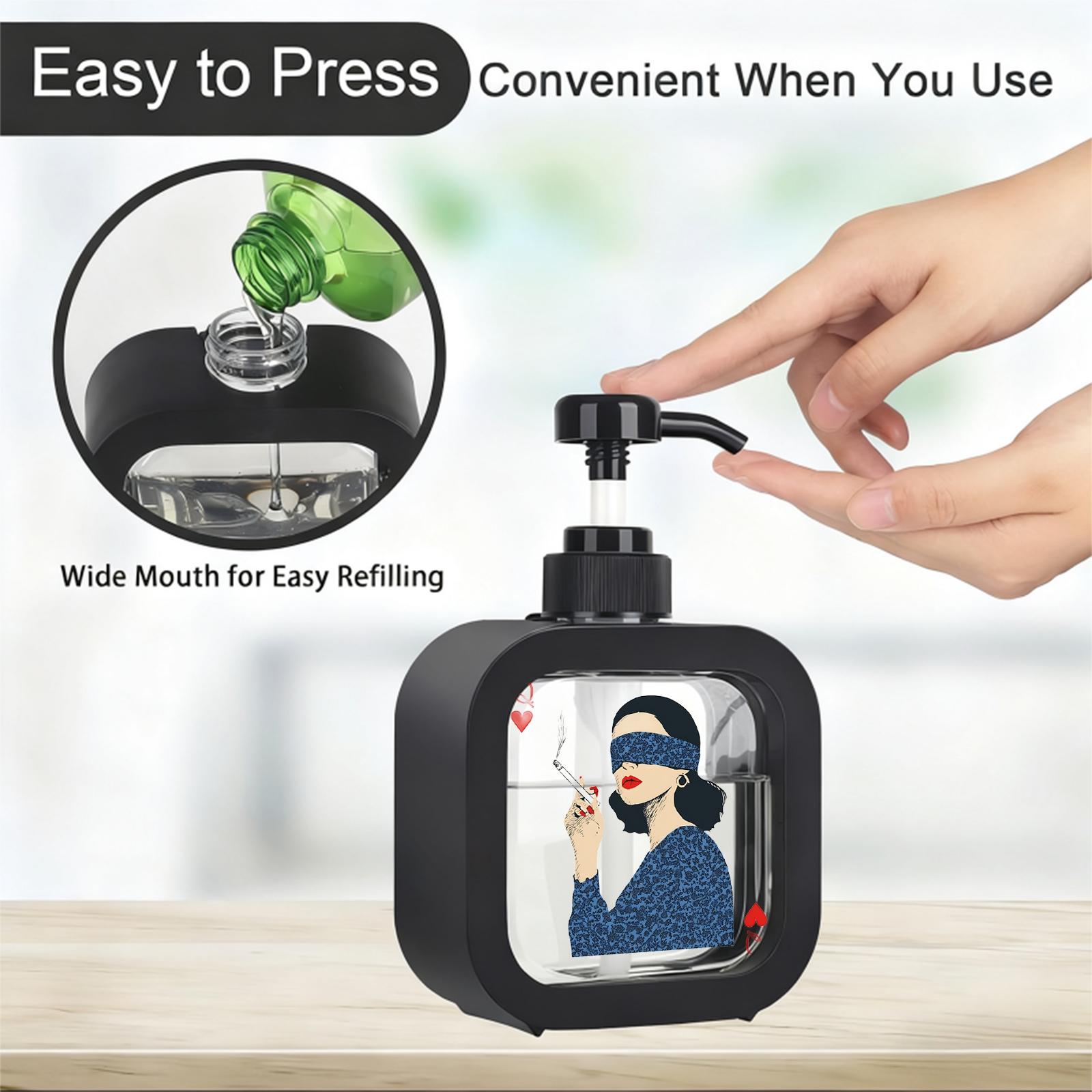 Moisturizing Soap Pump Bottle - Retro Queen of Hearts Design with Blue Blindfold & Floral Dress, Kitchen & Bathroom Soap Dispenser for Artistic Home Decor