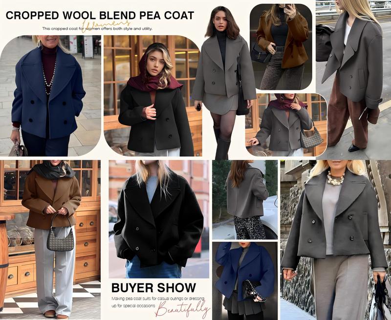 Tankaneo Womens Cropped Wool Blend Pea Coat Casual Long Sleeve Double Breasted Notched Lapel Overcoat Jackets