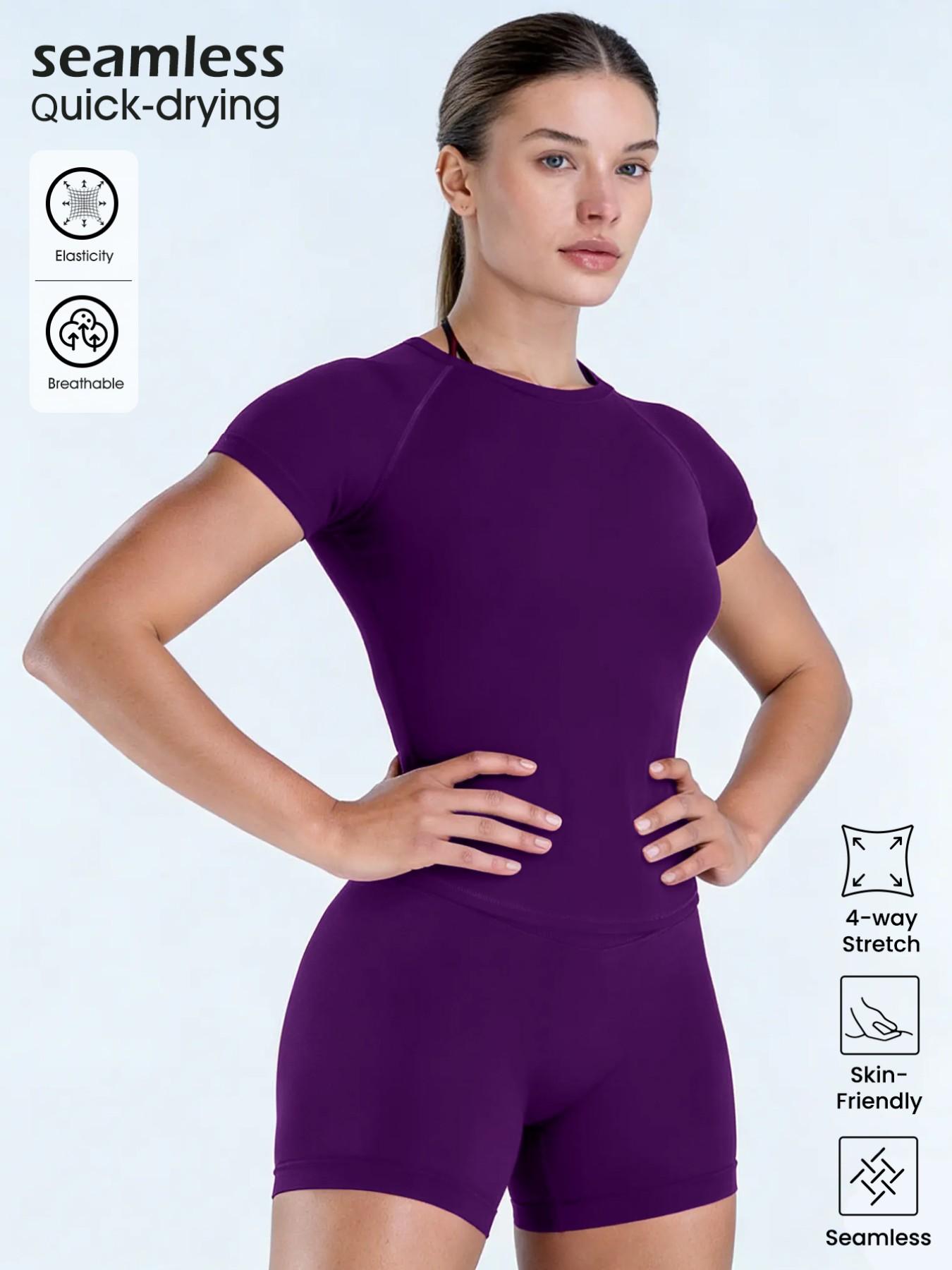 Women's New Nylon High Stretch Moisture Wicking Seamless Short Sleeve Fitness T-Shirt, Butt Coverage Long Sleeves