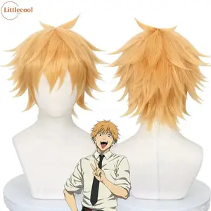 High Quality Denji Cosplay Wig Short Layered Golden Heat Resistant Synthetic Hair Halloween Carnival Anime Wigs + Wig Cap