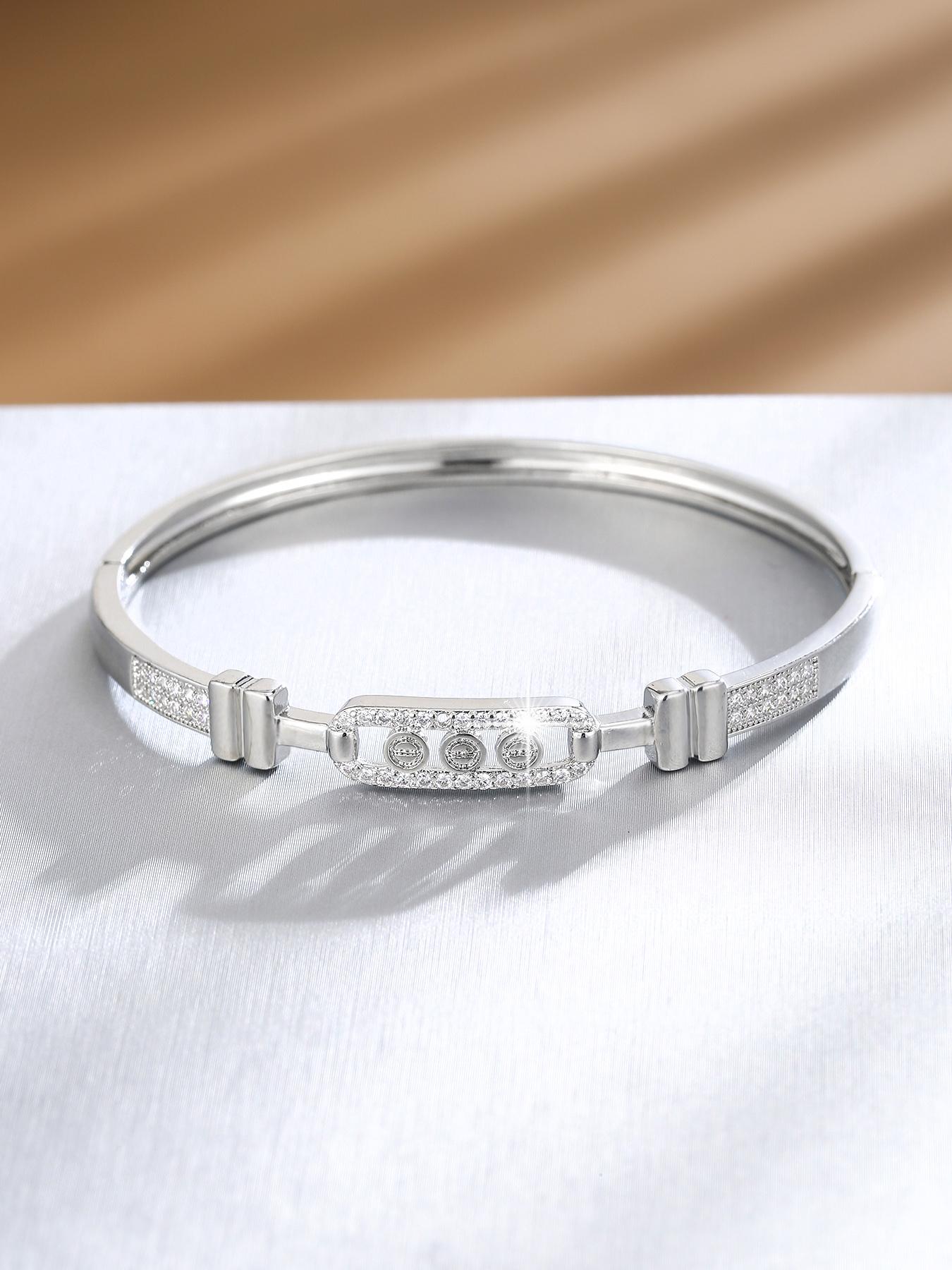 S925 Sterling Silver Rhinestone Decor Bangle Bracelet, Fashionable Hollow Out Design Bangle for Women, Trendy All-match & Exquisite Jewelry for Birthday Gift