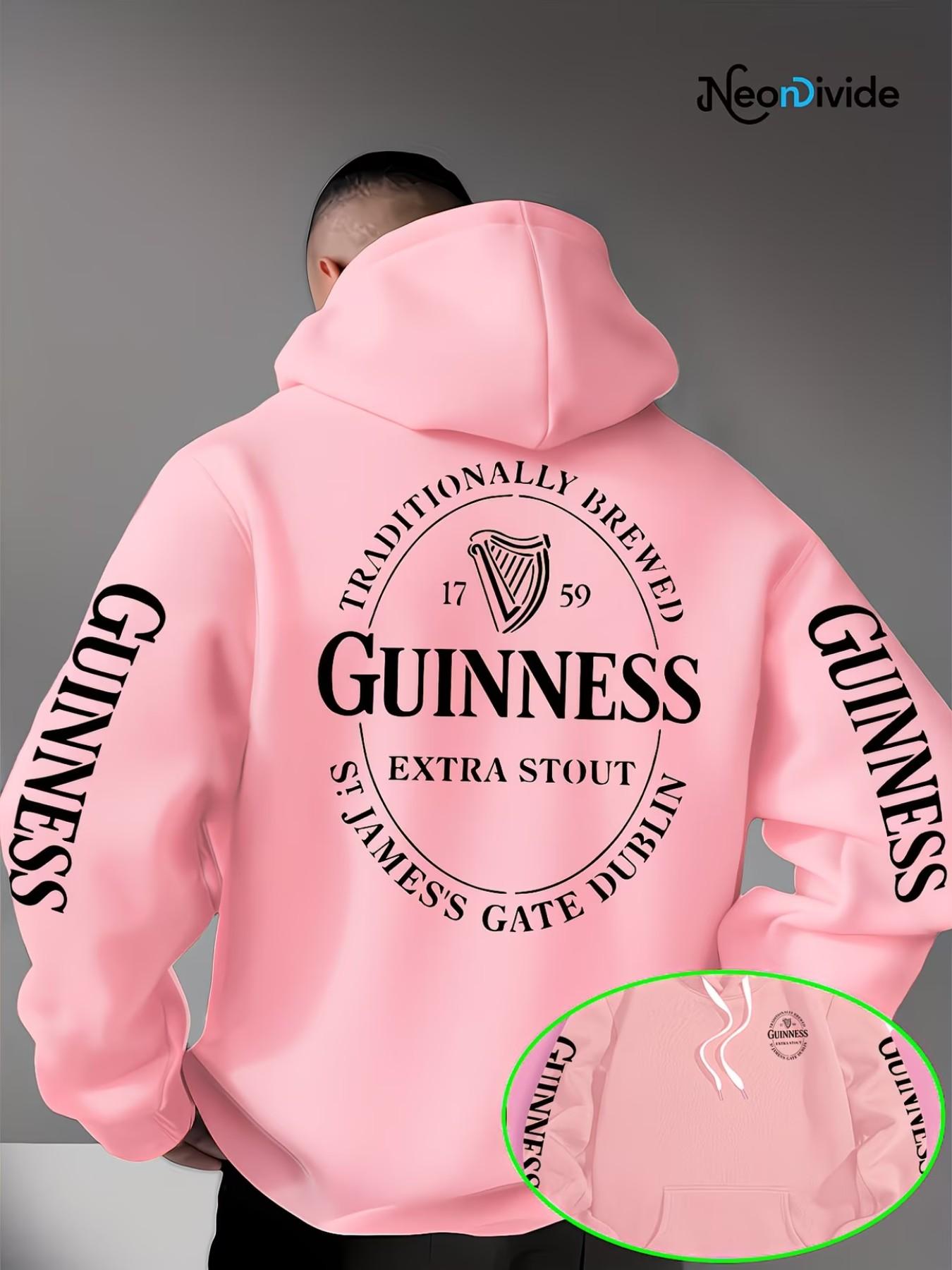 Trendy Men's Guinness Print Hoodie, Drawstring Kangaroo Pocket Design, Loose Fit, Lightweight Knit, Fall Winter Streetwear