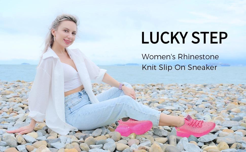 LUCKY STEP Women's Rhinestone Mesh Slip On Walking Shoes Fashion Breathable Sparkle Glitter Sneaker with Memory Foam Insole & Chunky Transparent Outsole