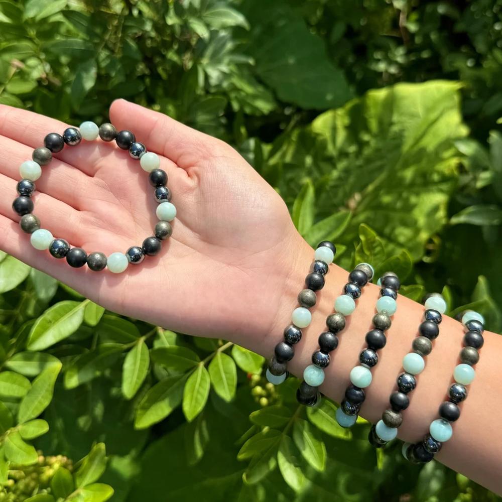 DB- EMF Protection Bracelet: Shungite, Hematite, Pyrite & Amazonite 8 mm Round Protection Crystals (Crystal Healing Bracelet, Gift) bracelet  for men-DB