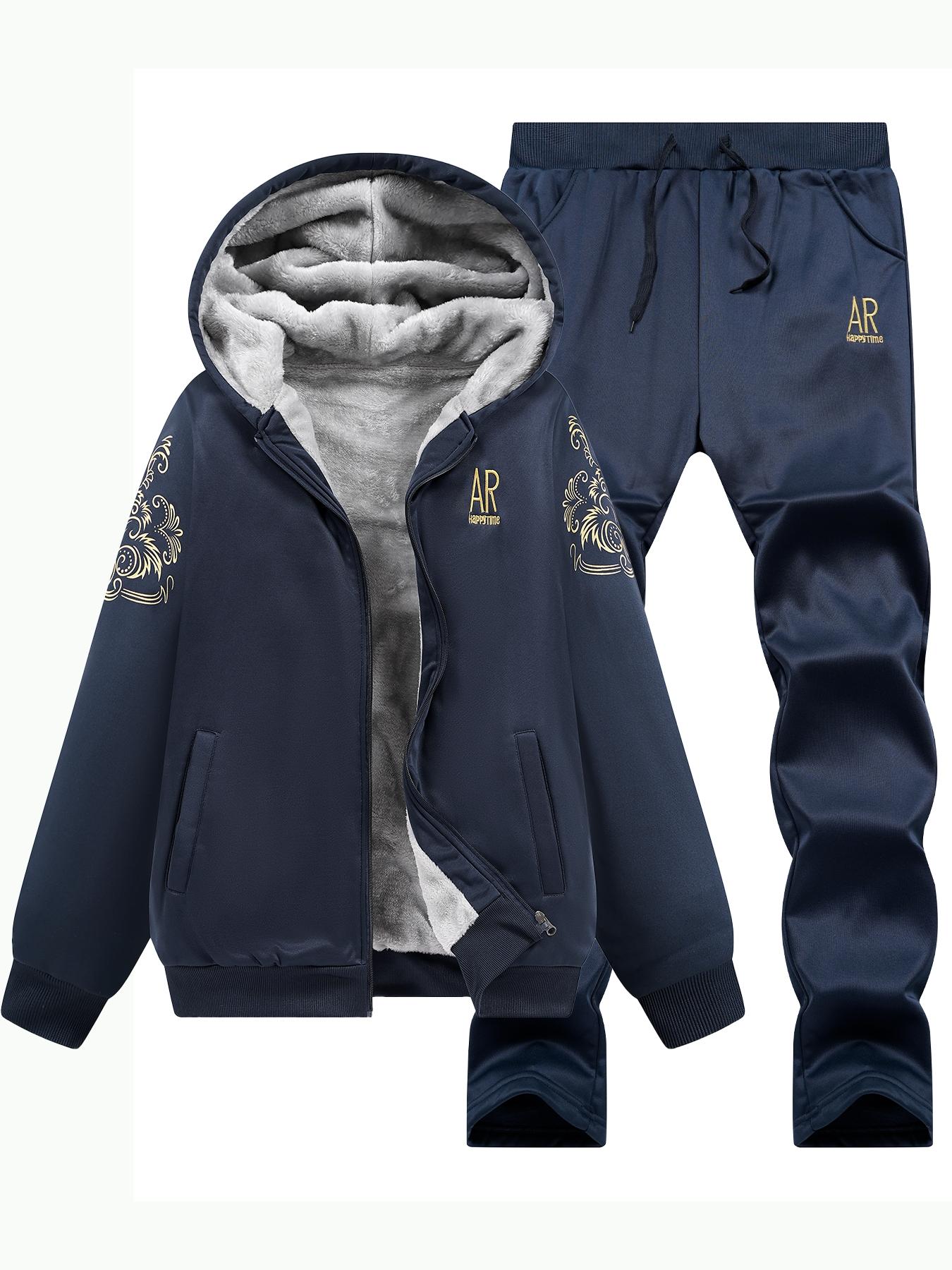 Thickened Hooded Long Sleeve Jacket with Letter Print, Elastic Waist Pants Set, Casual Fall & Winter, Women's Fashion