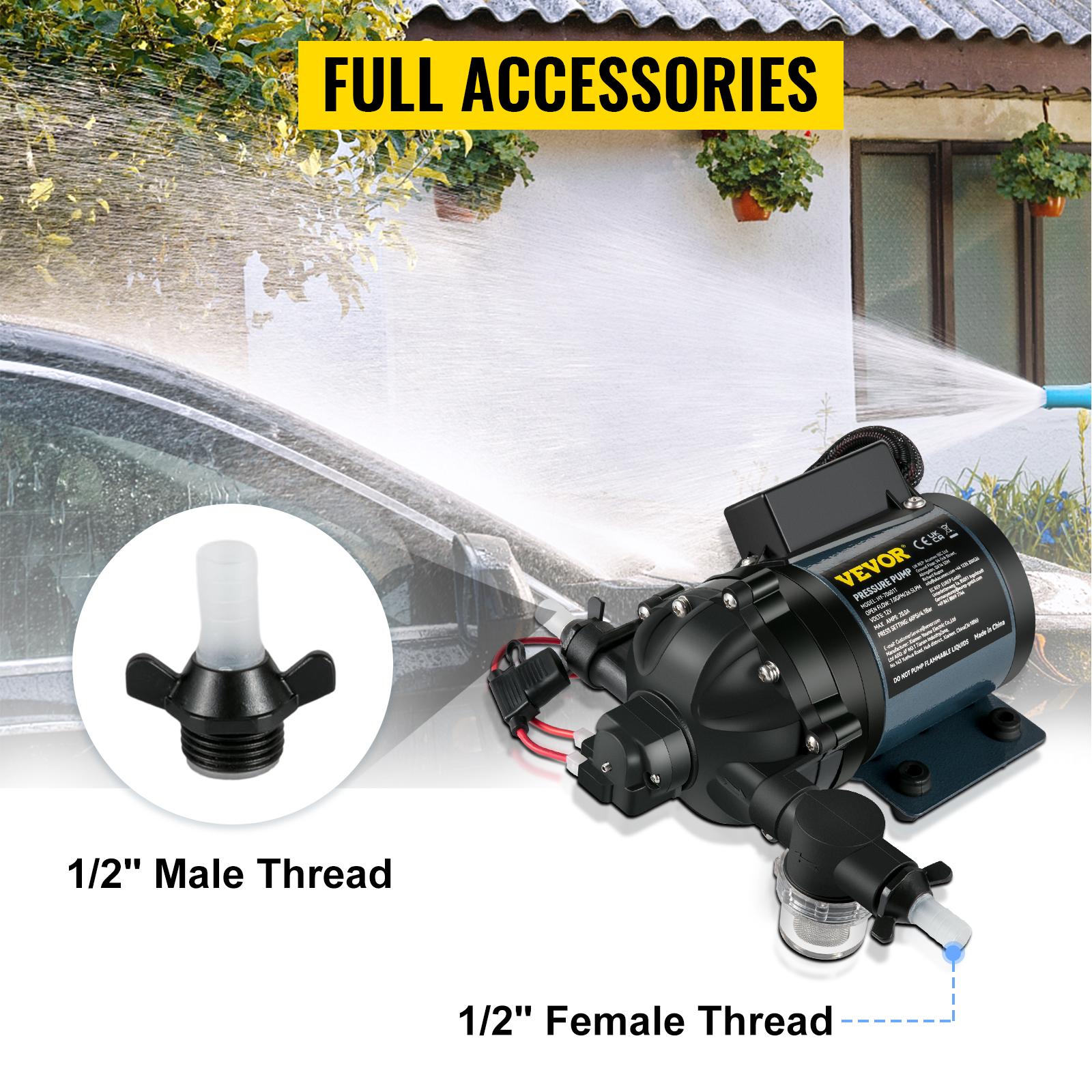 VEVOR Washdown Pump, 12V DC, 7 GPM 60 PSI, Max. 10 FT Lift Self Priming Water Pump, with EPDM Valve, Universal Salt Water Strainer Female/Male Thread, for RV, Marine Deck, Yacht