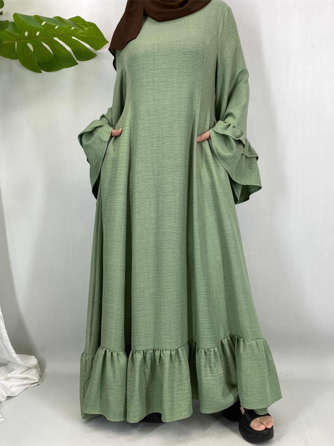 EID Muslim Women Long Robe, Islamic Clothing, Multicolor Bubble Sleeves, Fitted Plain Design, Suitable for Daily Wear & Religious Occasions
