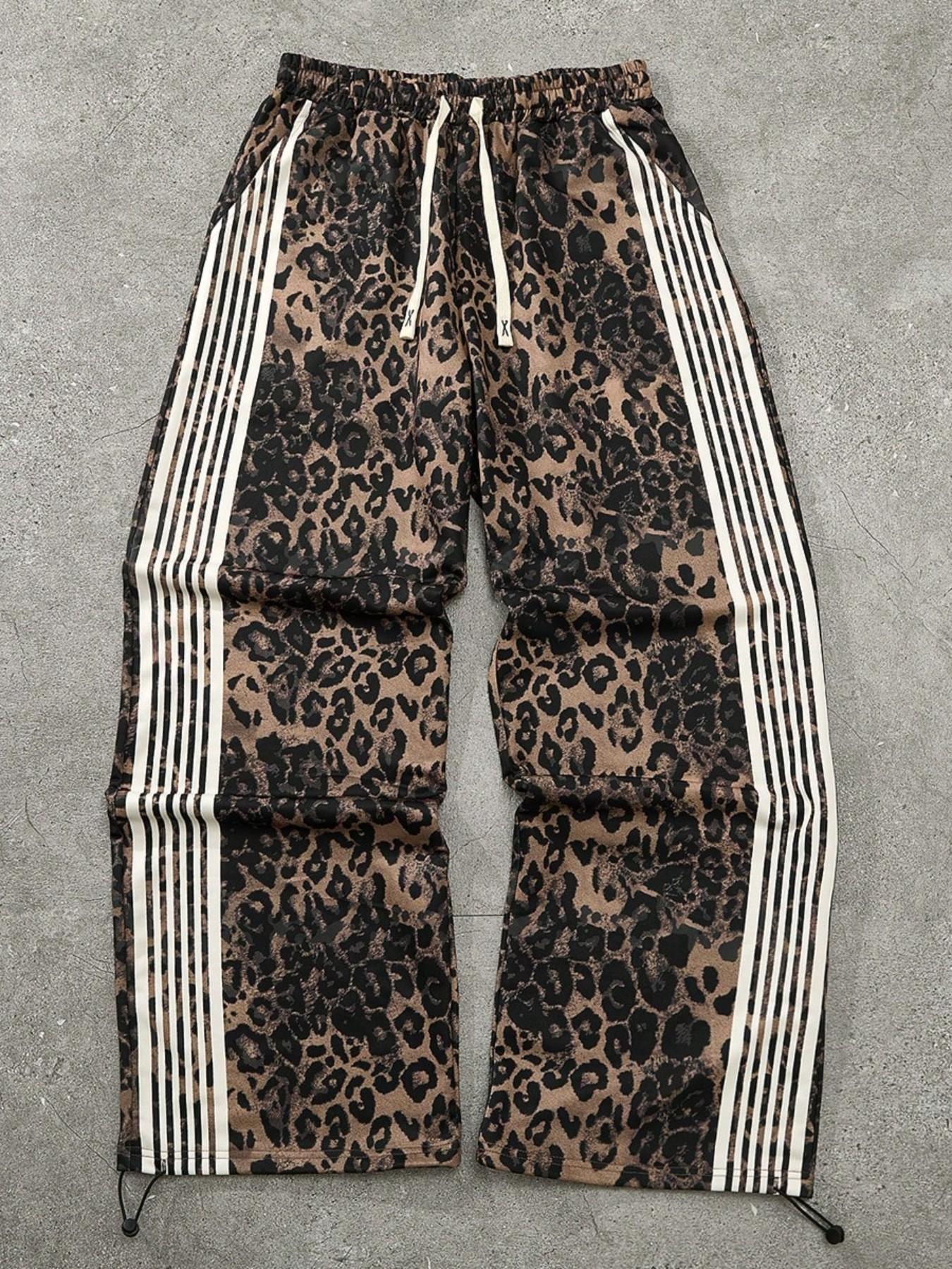 Y2K Leopard Print Track Pants with White Stripes, Streetwear Baggy Sweatpants for Men/Women, Elastic Waist Drawstring Casual Trousers, Retro 90s Hip Hop Fashion, Loose Fit Joggers for Street Style, TikTok Viral Aesthetic, Comfortable Soft Fabric,