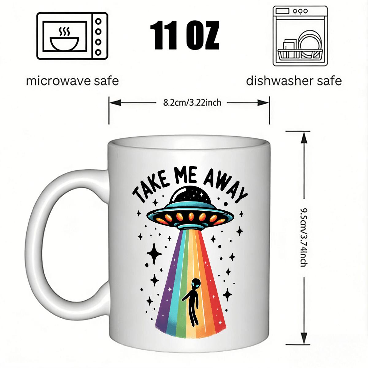 11oz Ceramic Alien Theme Single Mug - Modern Take Me Away Spaceship Design, Rainbow Accent, Smooth Finish Kitchenware Drinkware, Unisex Birthday Gift Drink