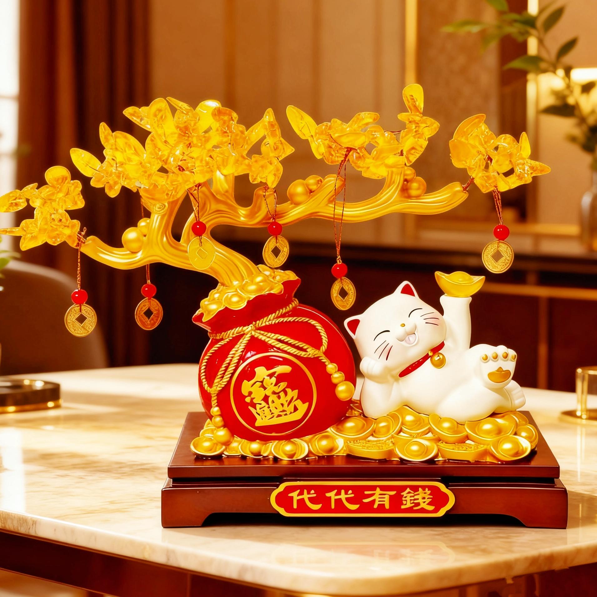 Lucky Cat Gold Branch Ornament, Home Decor for Living Room, Entryway, Study, Shop Front Desk, Moving In, Business Gift, Festival Present