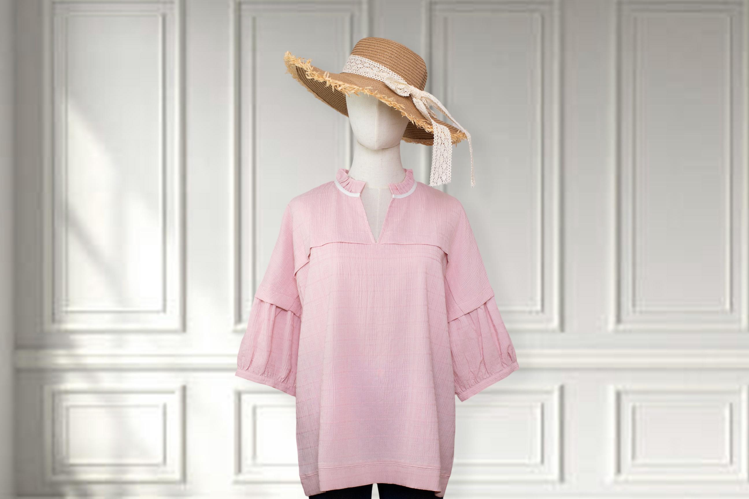 SageVell Blush Textured Blouse Layered Puff Sleeves Ruffled Collar Feminine Daily Top Cotton Fabric Soft Style Women's Shirts SpringStatements