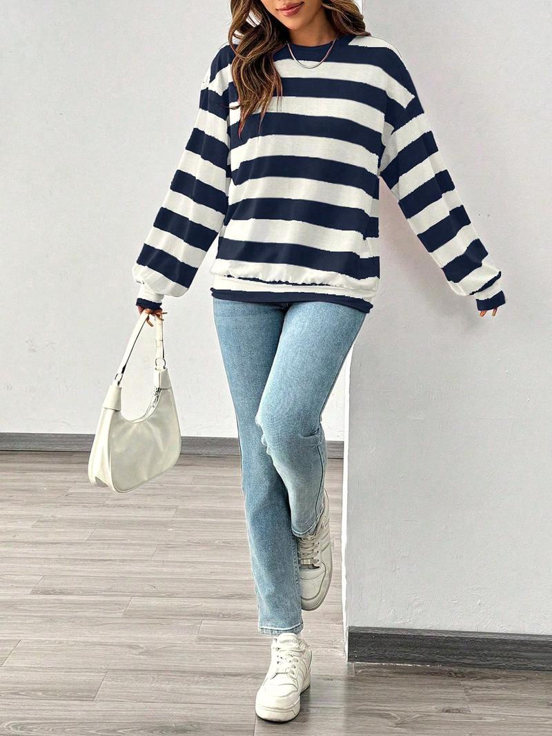 Women's Loose-Fit Striped Round Neck T-Shirt, Casual Comfort Top for Fall & Winter