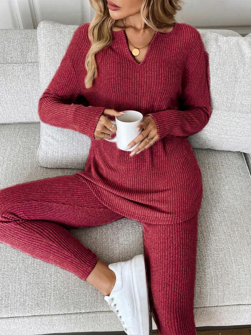 2pcs/Set Women's Casual Plush Rib-Knit Long Sleeve T-Shirt And Leggings Suit, Autumn/Winter