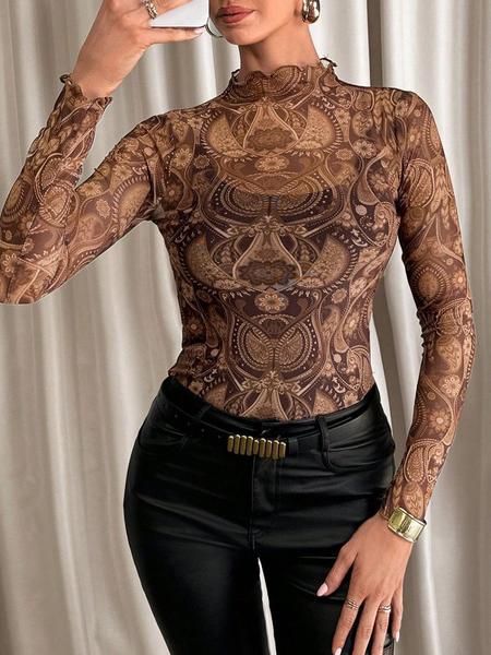 Elegant Sexy Leopard Print Sheer Mesh All-Over Printed Women's Top, Slim-Fitting Lightweight Summer Style for Casual Wear