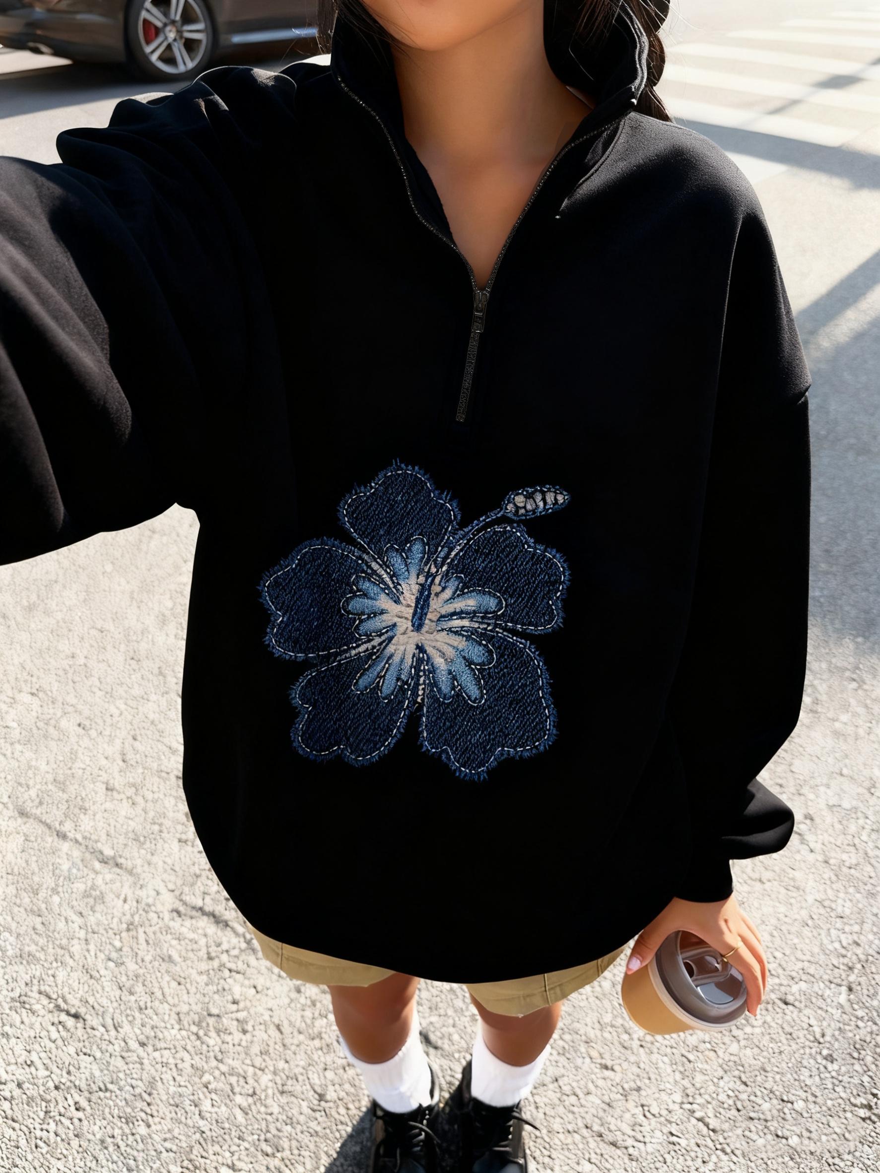 American Retro Floral Print Half-Zip Sweatshirt Hoodie, Short Waist Design, Casual Loose-Fitting, Fall & Winter Fashion, Sweet Cool Girl Vibe Style