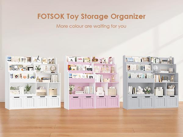 FOTOSOK Kids Bookshelf, Toy Storage Organizer, Large Toy Organizer with 4 Movable Drawers and 3 Storage Cubbies, Book Shelf for Kids Room