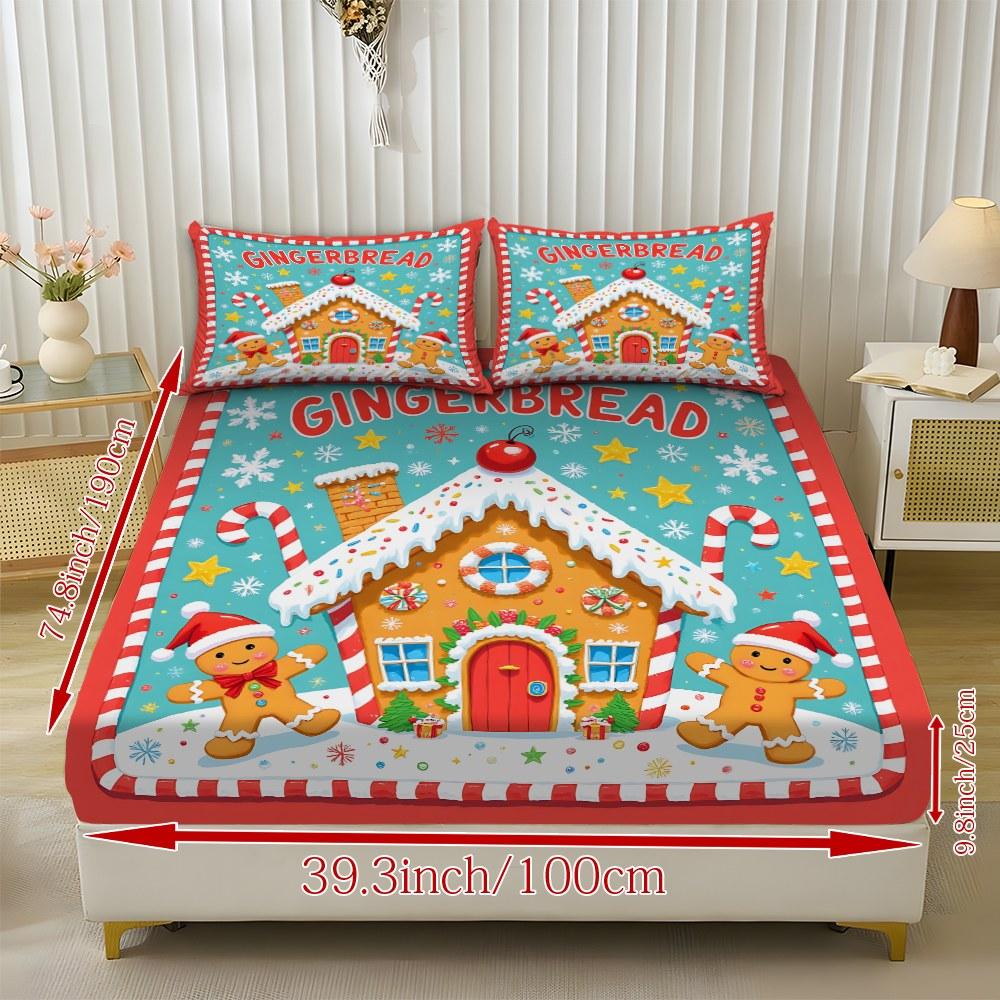 Fitted Sheet 3-Piece Set 2D Flat Gingerbread Man Pattern Mattress Cover (1 fitted sheet + 2 pillowcases, no insert), stylish, soft, and comfortable sheets, skin-friendly and breathable bedding, suitable for family bedrooms and guest rooms, all year round.