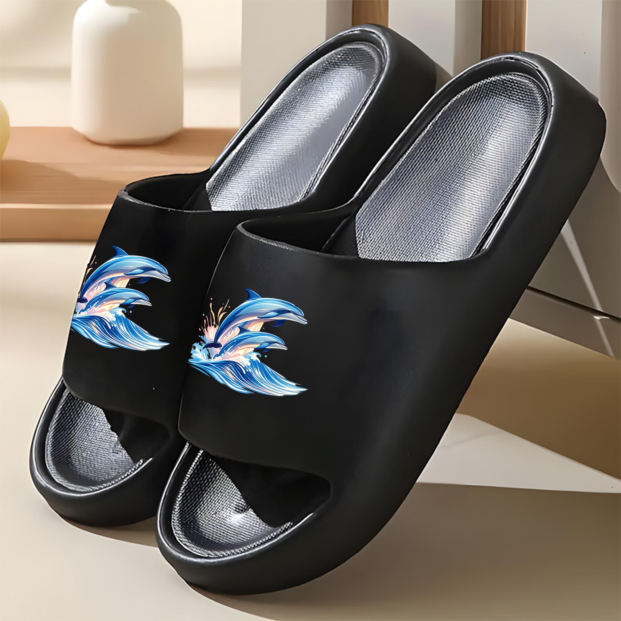 Dolphin Pattern Beach Slippers Women Men Summer Non-slip Soft Sole Quick-drying Lightweight Sandals Casual Outdoor Pool Shoes Flip Flops